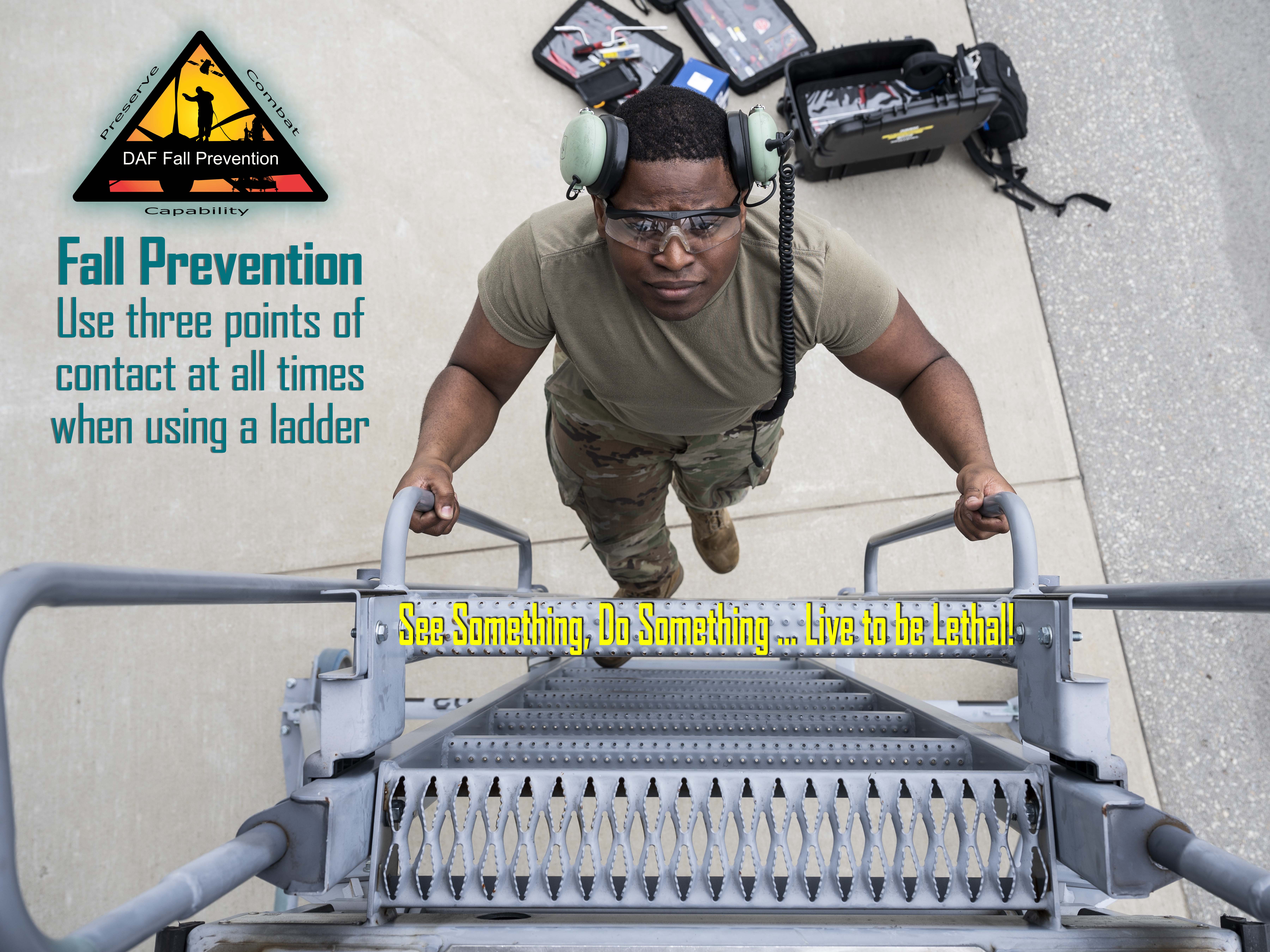 Fall Prevention - Airman climbing up an aircraft ladder